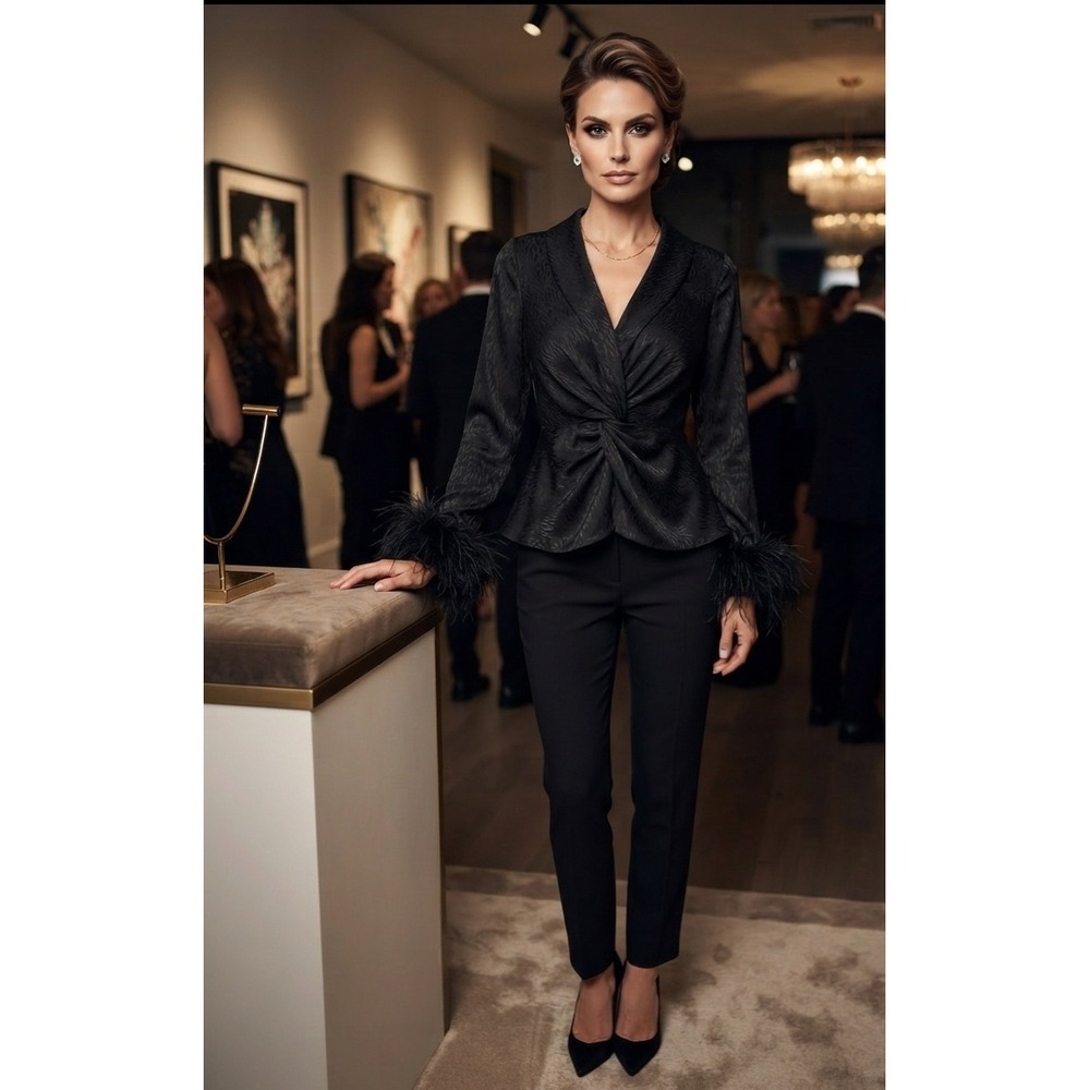 Intempo Black Satin Jacquard Feather Cuff Twist Front Blouse Small